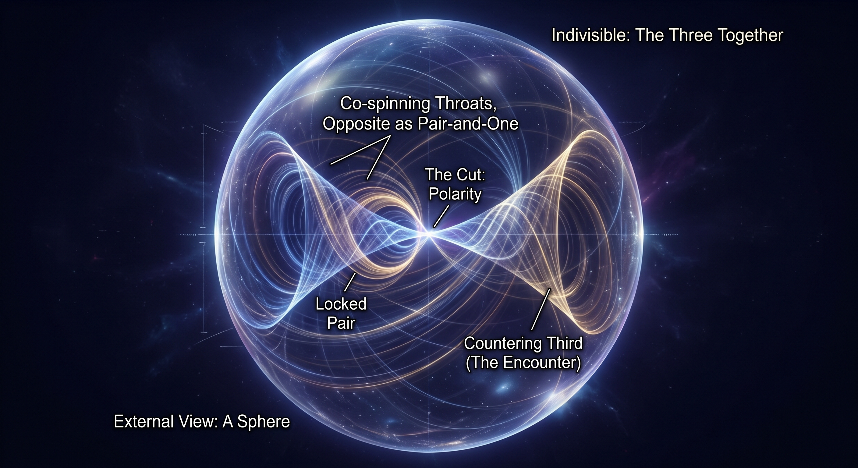 External view: a translucent sphere containing three co-spinning throats arranged as a locked pair and a countering third, forming an indivisible triad
